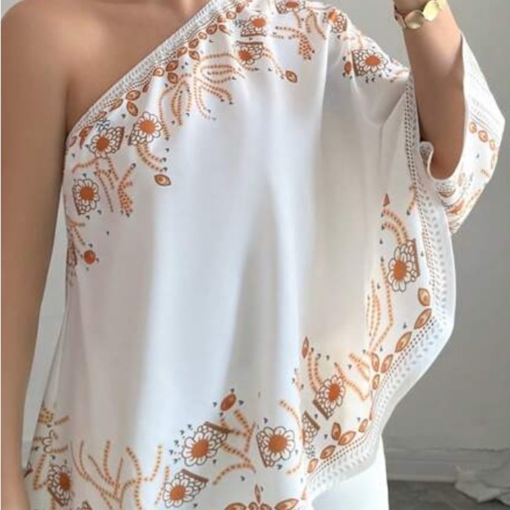 White and Orange One-Shoulder Top